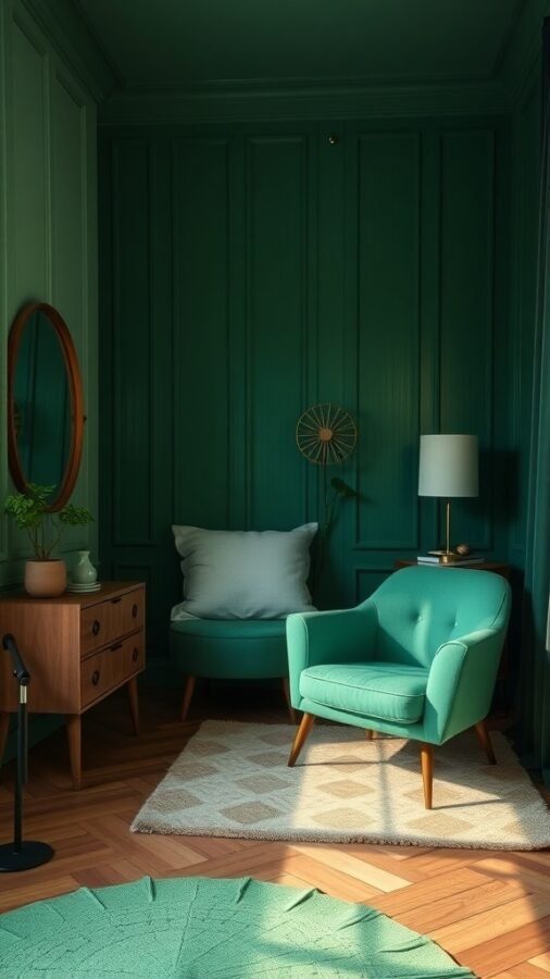 A cozy bedroom corner with teal accent furniture, including an armchair and ottoman, against green walls.