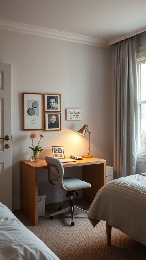 A cozy workspace corner in a bedroom featuring a wooden desk, comfortable chair, and framed pictures.