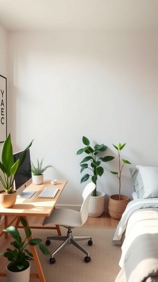 17 Stylish Home Office Guest Room Combos for Ultimate Efficiency 11 A serene home office with a desk, computer, and plants, alongside a cozy bed.