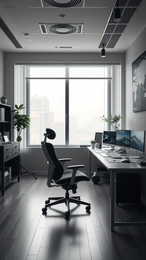 12 Stylish Home Office Ideas for Women 7 A modern home office setup featuring multiple monitors, an ergonomic chair, and a large window with natural light.