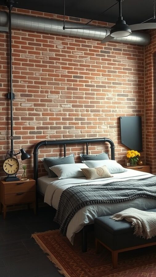 A stylish bedroom featuring a brick wall, metal bed frame, cozy bedding, and industrial lighting.
