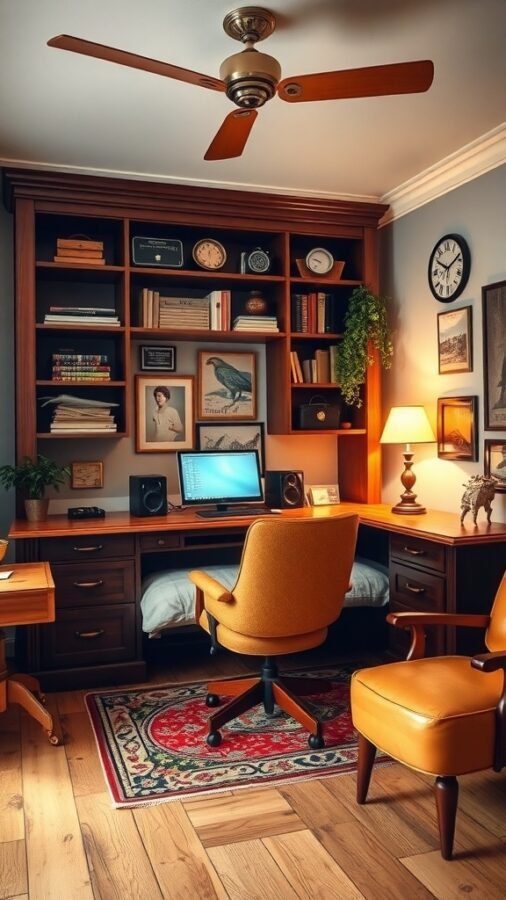 A vintage-style office with retro furniture, featuring a wooden desk, yellow chair, and decorative shelves.