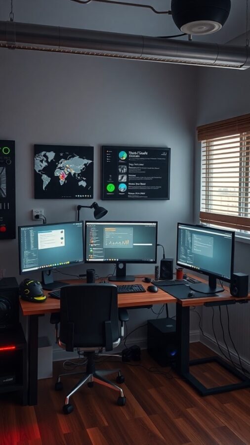 A modern home office setup with multiple monitors, a desk, and a wall-mounted screen.