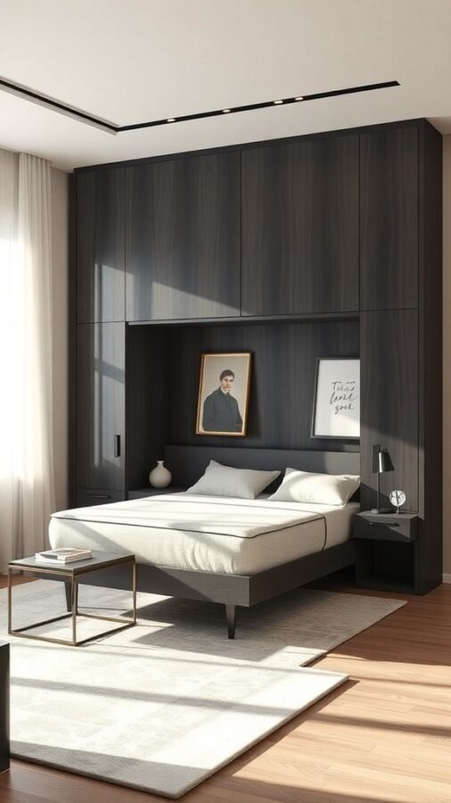 A modern minimalist room featuring a Murphy bed, dark wood cabinetry, and a simple nightstand.