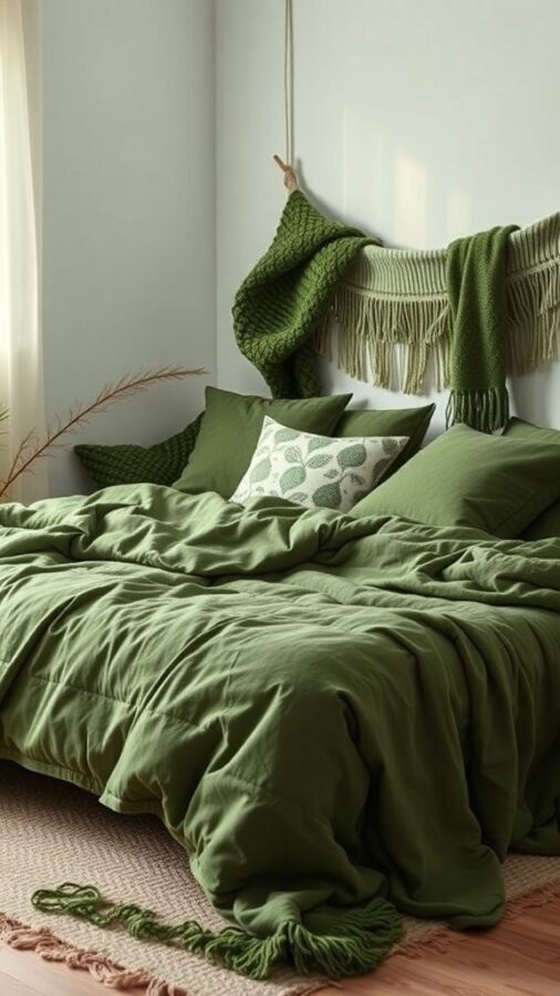 A cozy green bedroom featuring layered green textiles on the bed, including blankets and pillows.