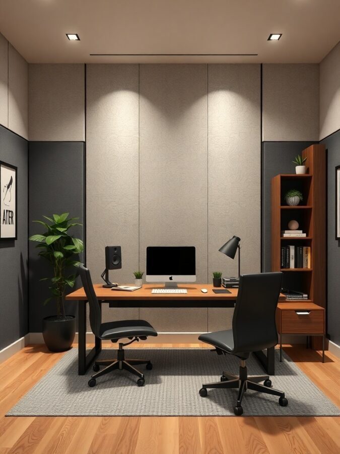 A modern home office featuring soundproof walls, a wooden desk, and ergonomic chairs.