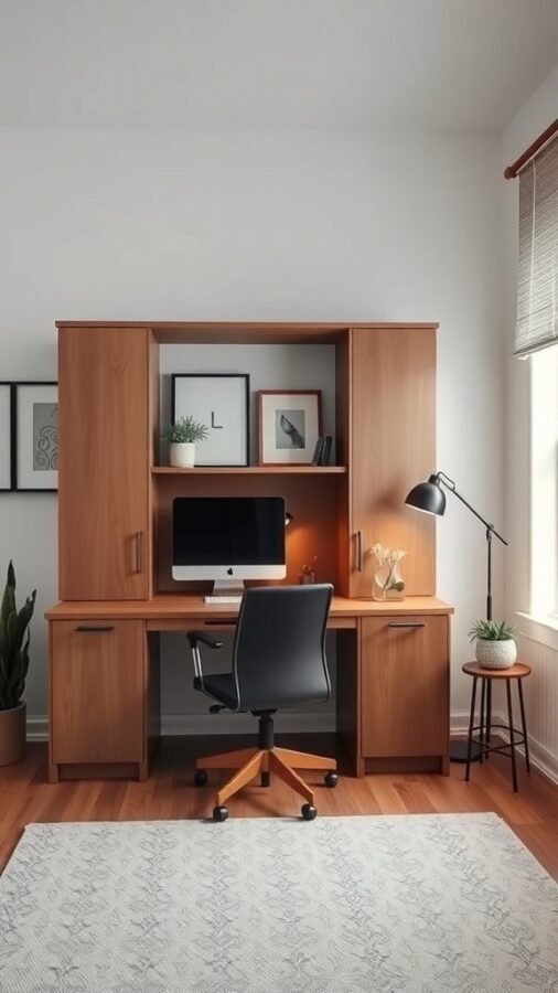 A compact home office featuring a wooden desk with a computer, lamp, and decorative items, designed to maximize small spaces.