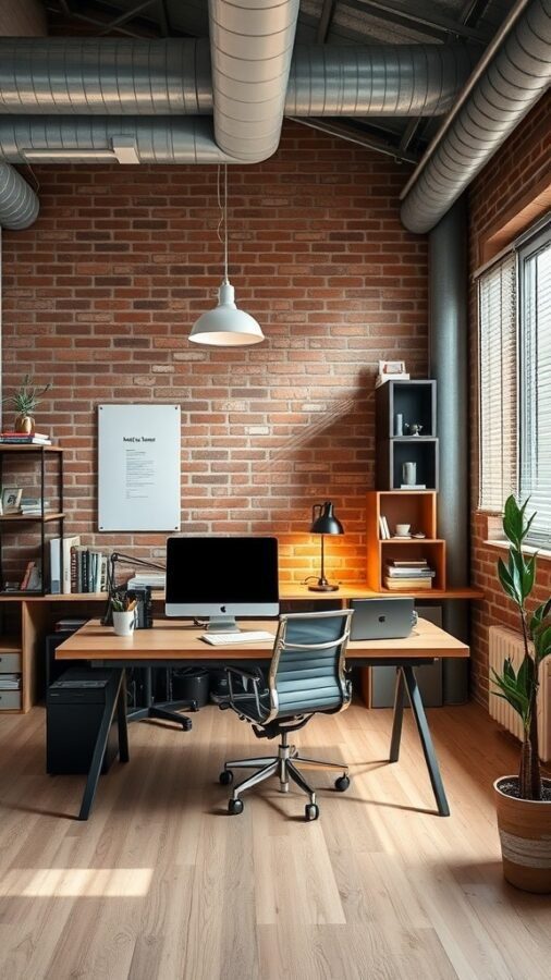 A stylish industrial chic home office featuring a wooden desk, modern chair, exposed brick wall, and plants.
