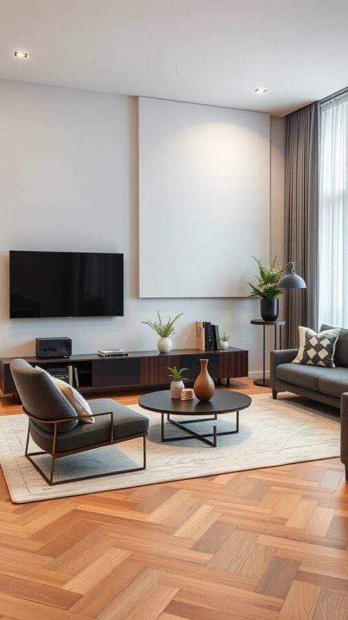 A modern small apartment living room featuring smart technology integration.