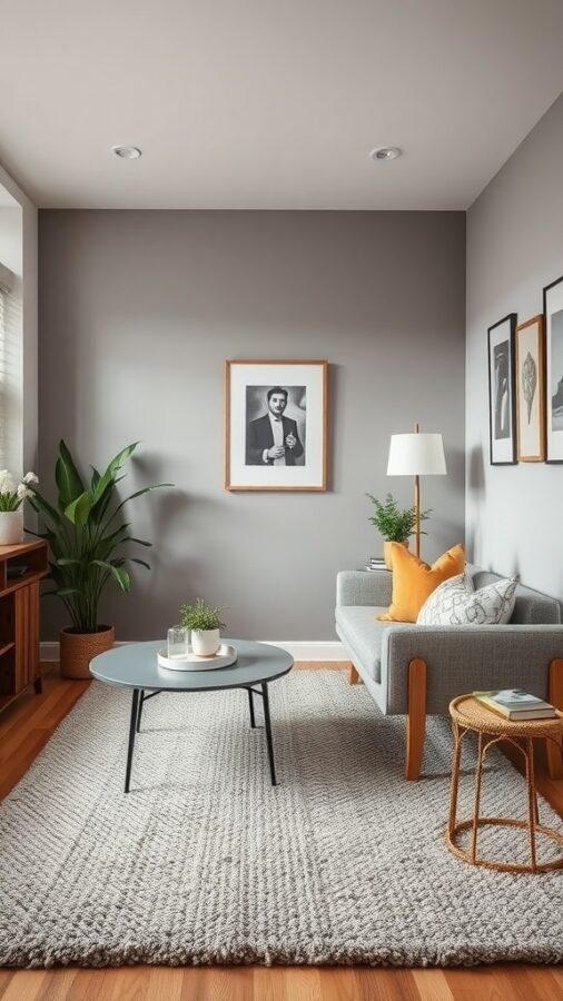 A small apartment living room featuring a gray textured rug, modern couch, and stylish decor.
