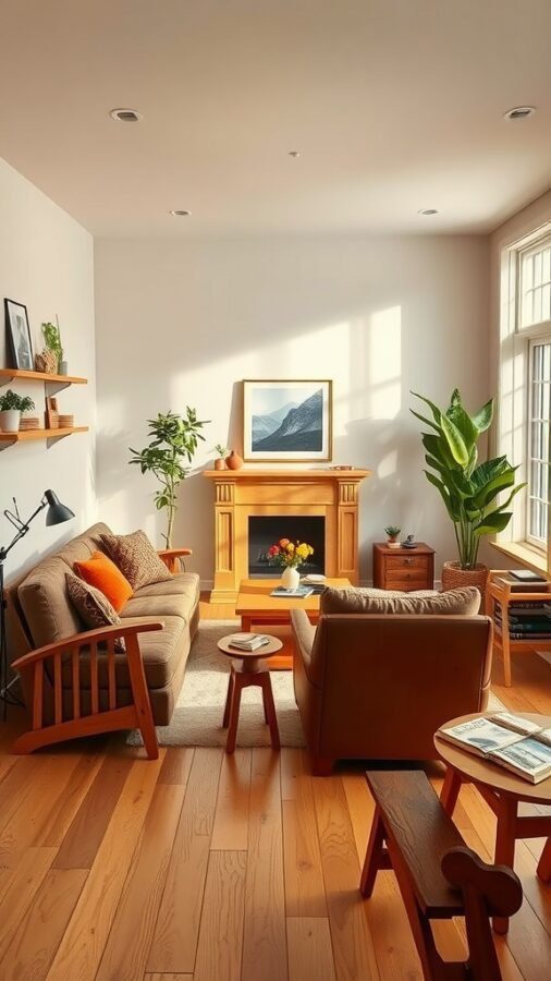 Cozy living room with warm wood elements, including wooden furniture and flooring, and plants.