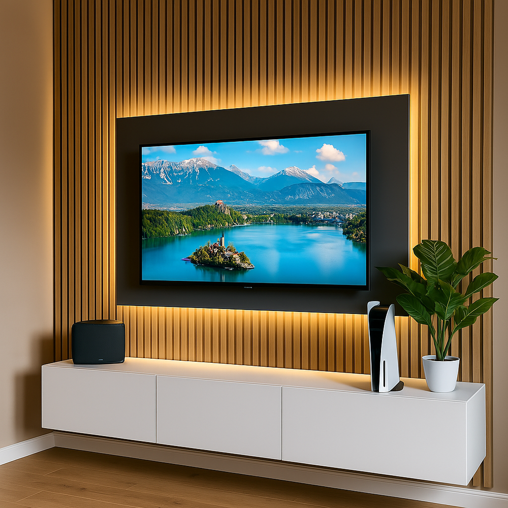 7 Living Room TV Wall Ideas: Designing the Perfect Focal Point 1 SlattedWoodMediaWallwithWarmLEDLighting