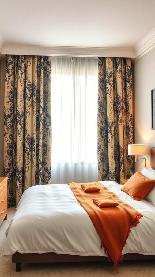 11 Stunning Curtain Ideas to Transform Your Bedroom 9 A modern bedroom featuring patterned curtains, a white bedspread, and orange accents.