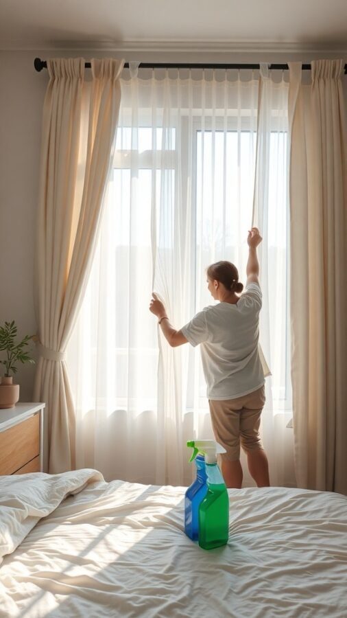 11 Stunning Curtain Ideas to Transform Your Bedroom 3 A person adjusting light curtains in a bedroom with cleaning supplies nearby.