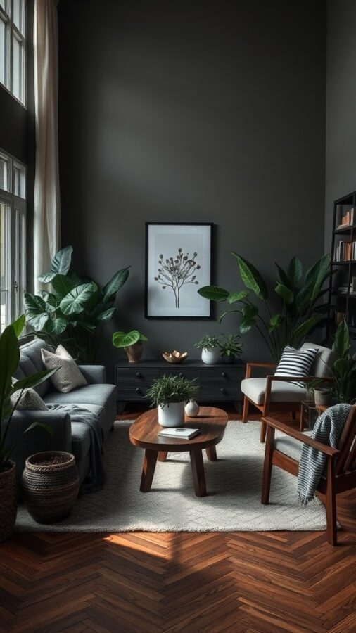 10 Stunning Dark Home Decor Ideas to Transform Your Space 3 A cozy living room with dark walls, plants, and natural decor elements.
