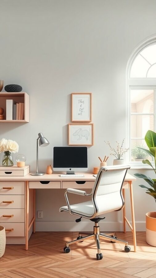 A cozy female home office with light walls, wooden furniture, and decorative plants.