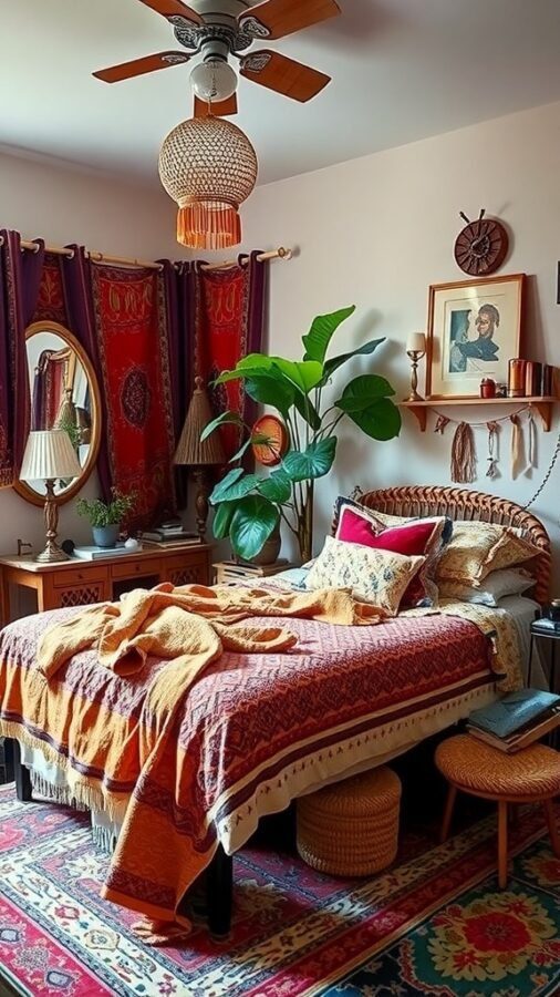 A cozy Bohemian-inspired bedroom with colorful textiles, plants, and warm lighting.