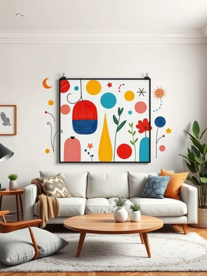 A colorful abstract wall art piece featuring circles, flowers, and shapes in a bright living room setting.