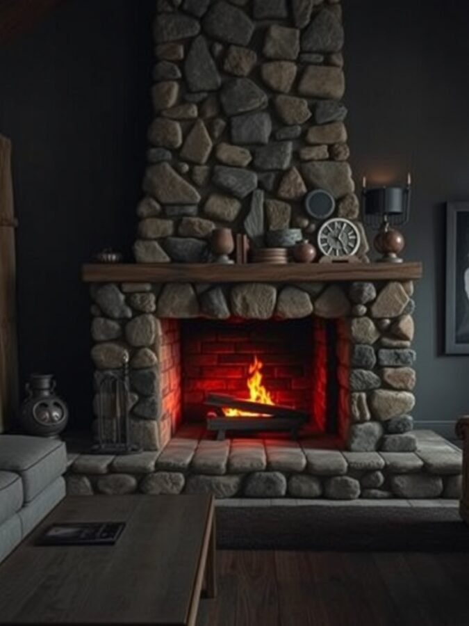 A rustic stone fireplace with a warm glow, surrounded by simple decor in a cozy room.