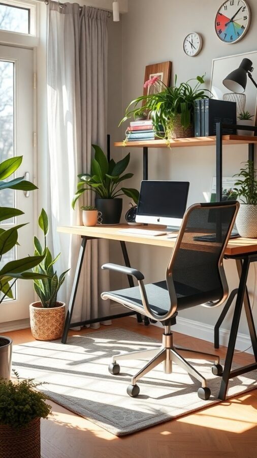 Bright home office with plants, a desk, and a comfortable chair