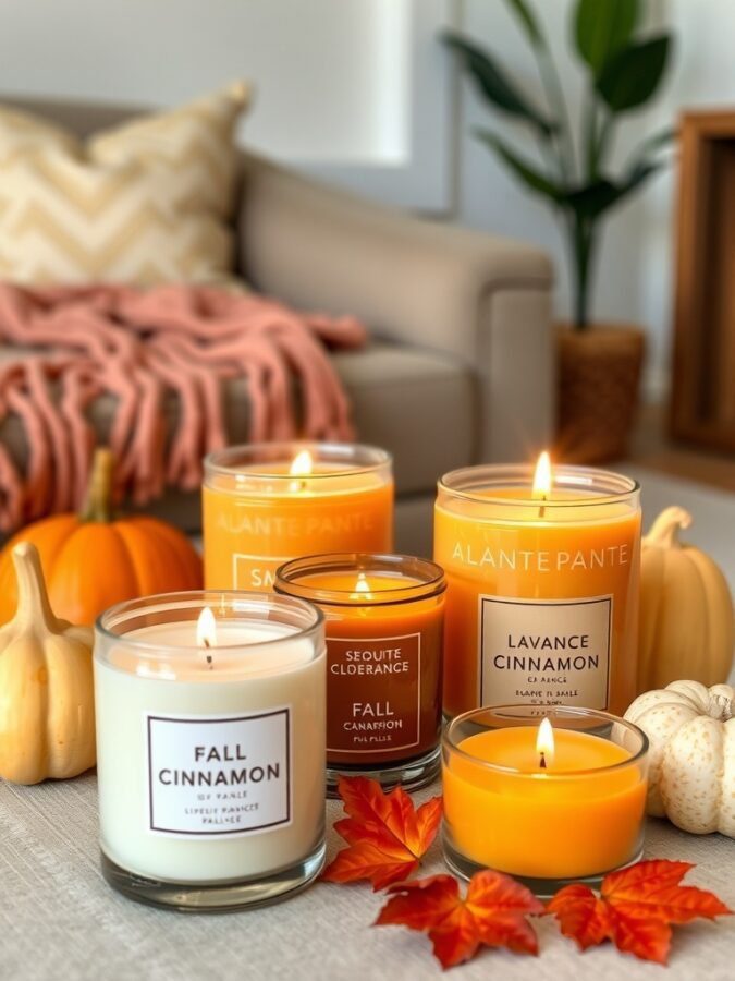 A cozy fall setup with candles, pumpkins, and a soft blanket.