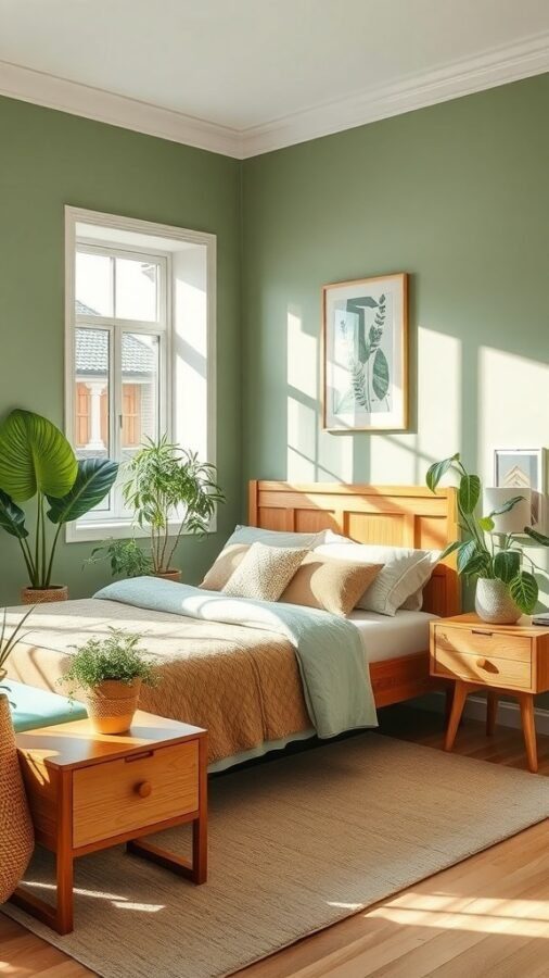 13 Stunning Sage Green Bedroom Ideas for a Serene Retreat 4 A serene sage green bedroom featuring wooden furniture and indoor plants.