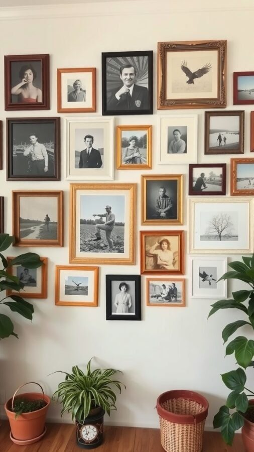 13 Awesome Home Decor Inspo to Transform Your Space 5 A vintage eclectic gallery wall with various framed black-and-white photos and artwork, complemented by indoor plants.