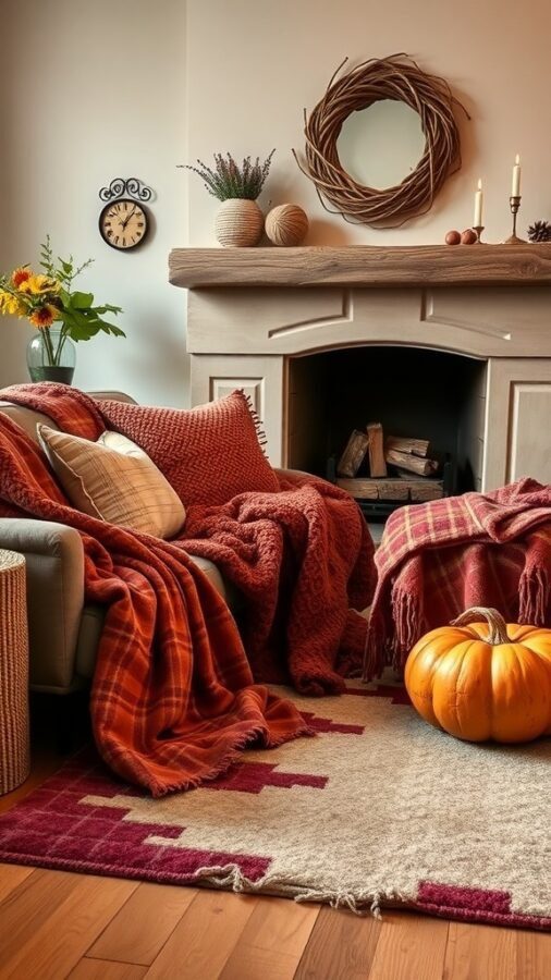 A cozy living room with warm textiles, featuring a couch with blankets, pillows, a pumpkin, and a fireplace.