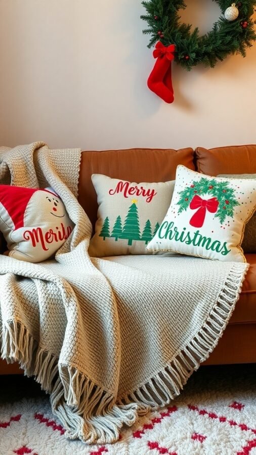 Cozy living room with festive throw pillows and blanket for Christmas decor