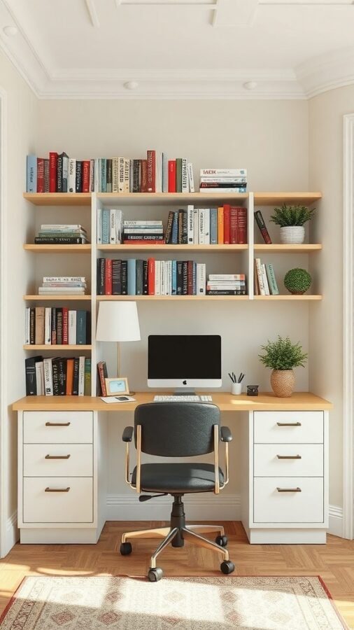 A small home office with a desk, computer, and bookshelves filled with books.