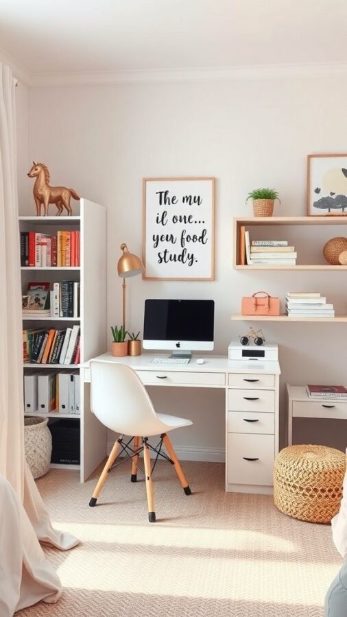 11 Essential Items for a Dreamy Girls' Bedroom Decor 3 A cozy study space featuring a desk, computer, bookshelves, and decorative elements.