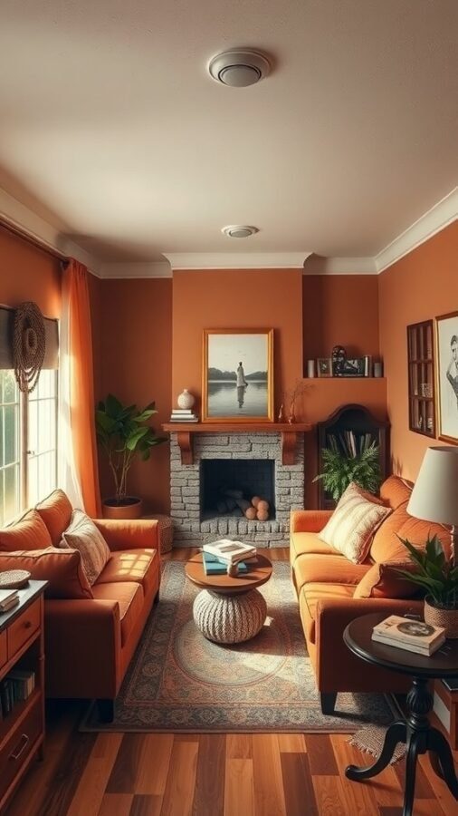 11 Cozy Home Decor Must-Haves for a Warm and Inviting Space 11 A cozy living room featuring warm color palettes with orange sofas, terracotta walls, and a stone fireplace.