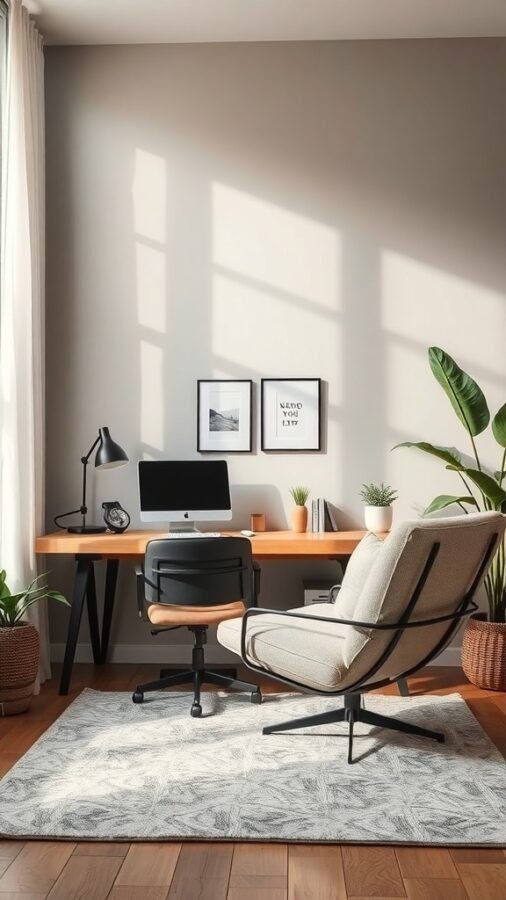 10 Inspiring Home Office Ideas for Maximum Productivity 10 A cozy home office with a desk, computer, and a comfortable chair, featuring natural light and plants.