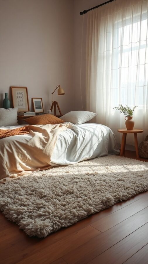 13 Essential Items for a Cozy Bedroom Retreat 10 A cozy bedroom with a plush rug, soft bedding, and warm decor.