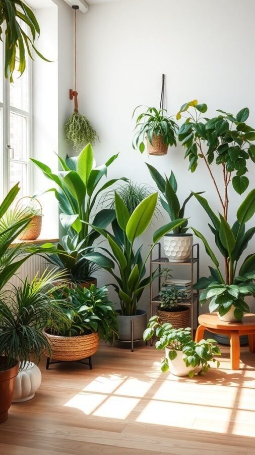 A bright room filled with various indoor plants, showcasing a lively atmosphere.