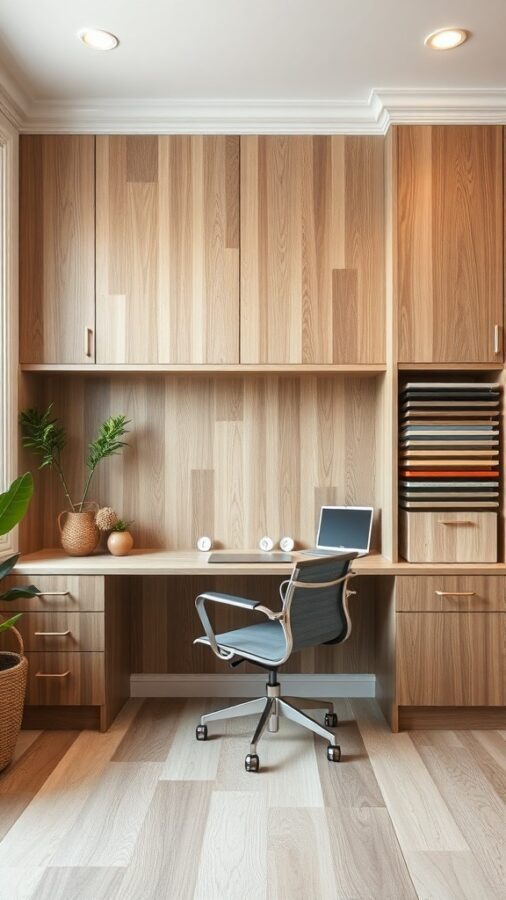 A modern home office with built-in wooden shelves and a desk, featuring a comfortable chair and a laptop.
