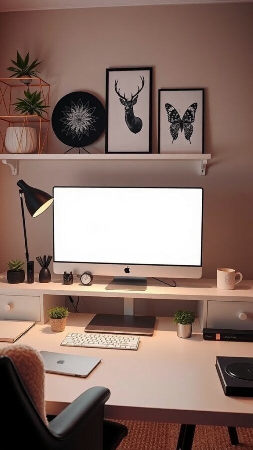 A stylish home office featuring an iMac, decorative items, and plants, showcasing functional tech integration.