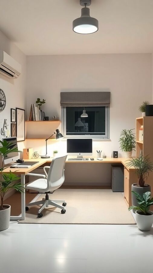 9 Must-Have Items for the Ultimate Home Office for Men 3 A modern home office with smart lighting, featuring a desk, computer, and plants.