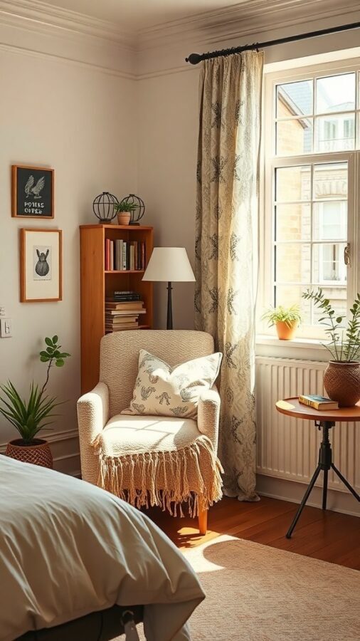Cozy reading nook with an armchair, bookshelf, and plants in a bright bedroom