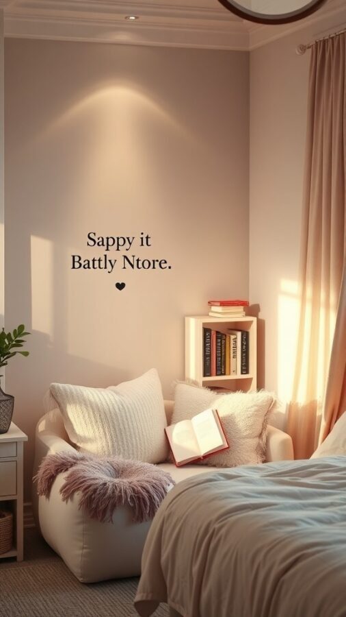 11 Essential Items for a Dreamy Girls' Bedroom Decor 6 A cozy reading nook with a soft chair, pillows, a bookshelf, and warm lighting
