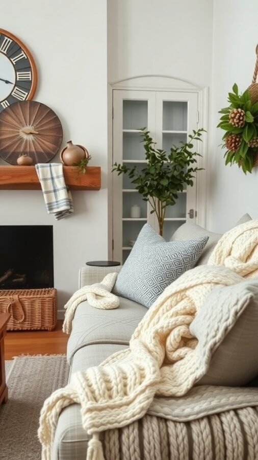 Cozy farmhouse living room with textured fabrics and layered textiles