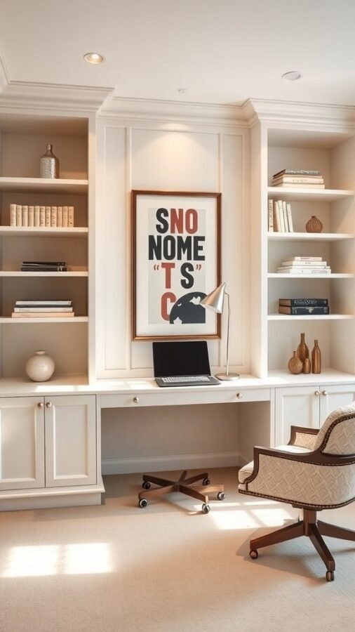A stylish home office with custom built-in shelves, a desk, and a comfortable chair.