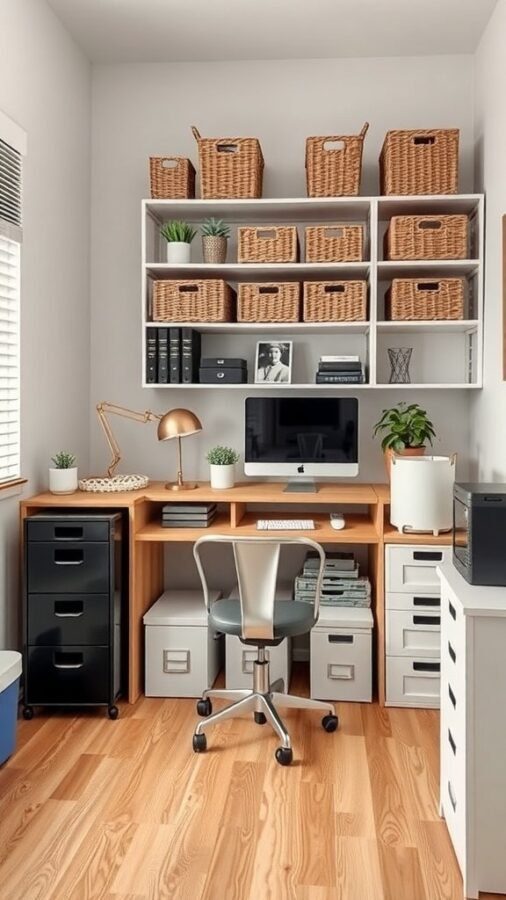 A stylish home office with organized storage solutions, including wicker baskets and a sleek desk.