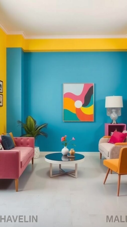 A vibrant living room featuring a blue accent wall, pink and yellow furniture, and colorful artwork.
