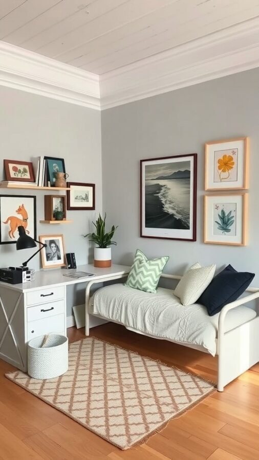 Cozy home office with a daybed, desk, and personal decor.