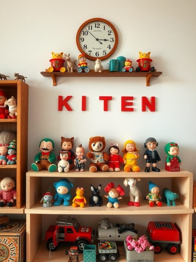 A collection of vintage toys displayed on shelves, featuring colorful figures, a clock, and the letters 'KITEN'.