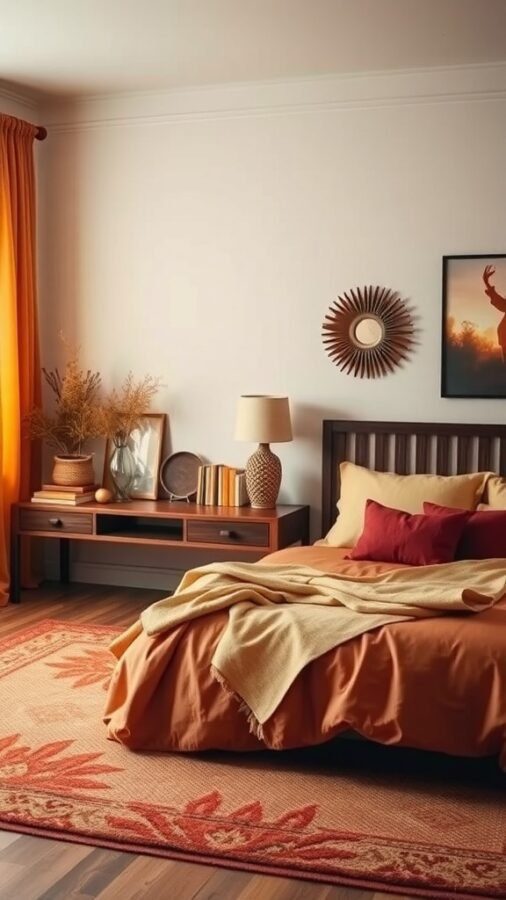 Cozy bedroom with warm color palette featuring orange bedding, wooden furniture, and decorative elements.