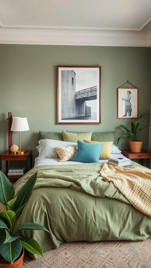 13 Stunning Sage Green Bedroom Ideas for a Serene Retreat 13 A cozy sage green bedroom featuring artwork, colorful cushions, and plants.