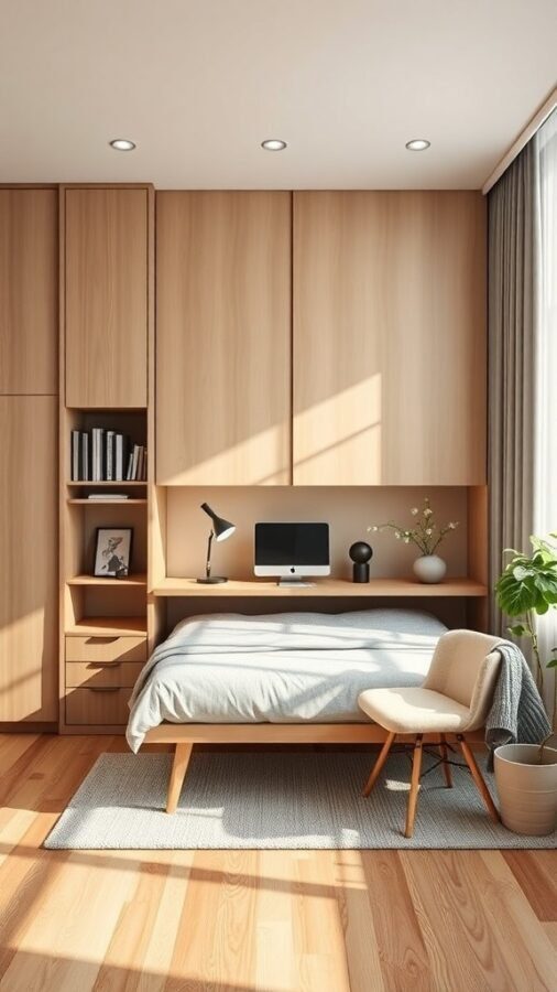 A home office featuring a Murphy bed, wooden furniture, and a bright, inviting atmosphere.