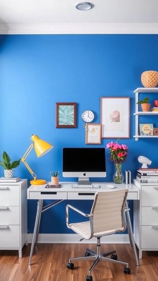11 Inspiring Home Office Wall Decor Ideas to Boost Your Productivity 4 A home office with a bright blue accent wall, modern desk, and decorative elements.